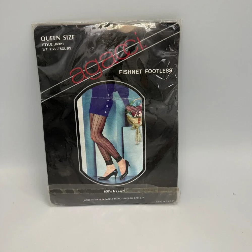 VIntage 80s Agacci Black Fishnet Footless Tights Queen Size Style J6921 Goth New